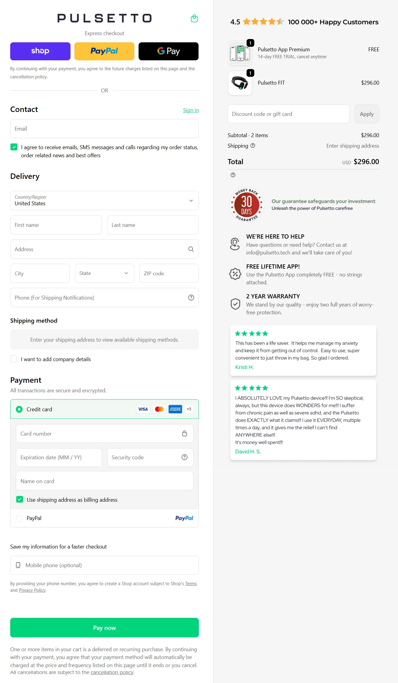 Pulsetto secure checkout page